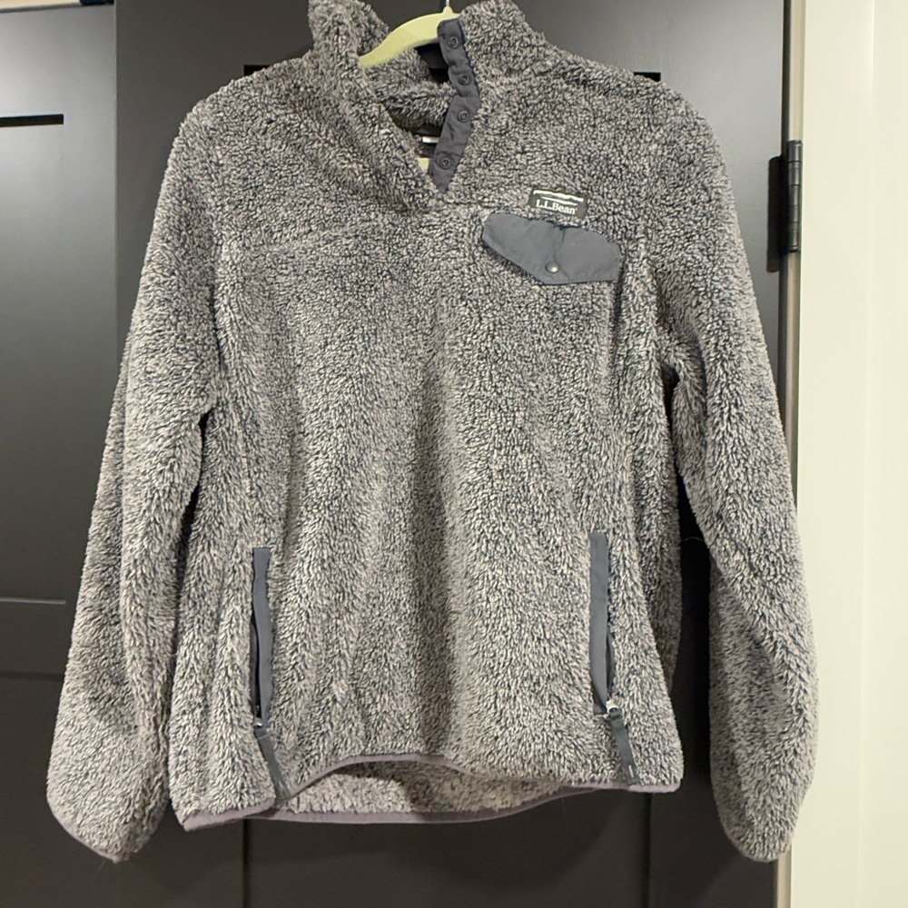 Llbean Gray Fleece Pullover with Button Collar